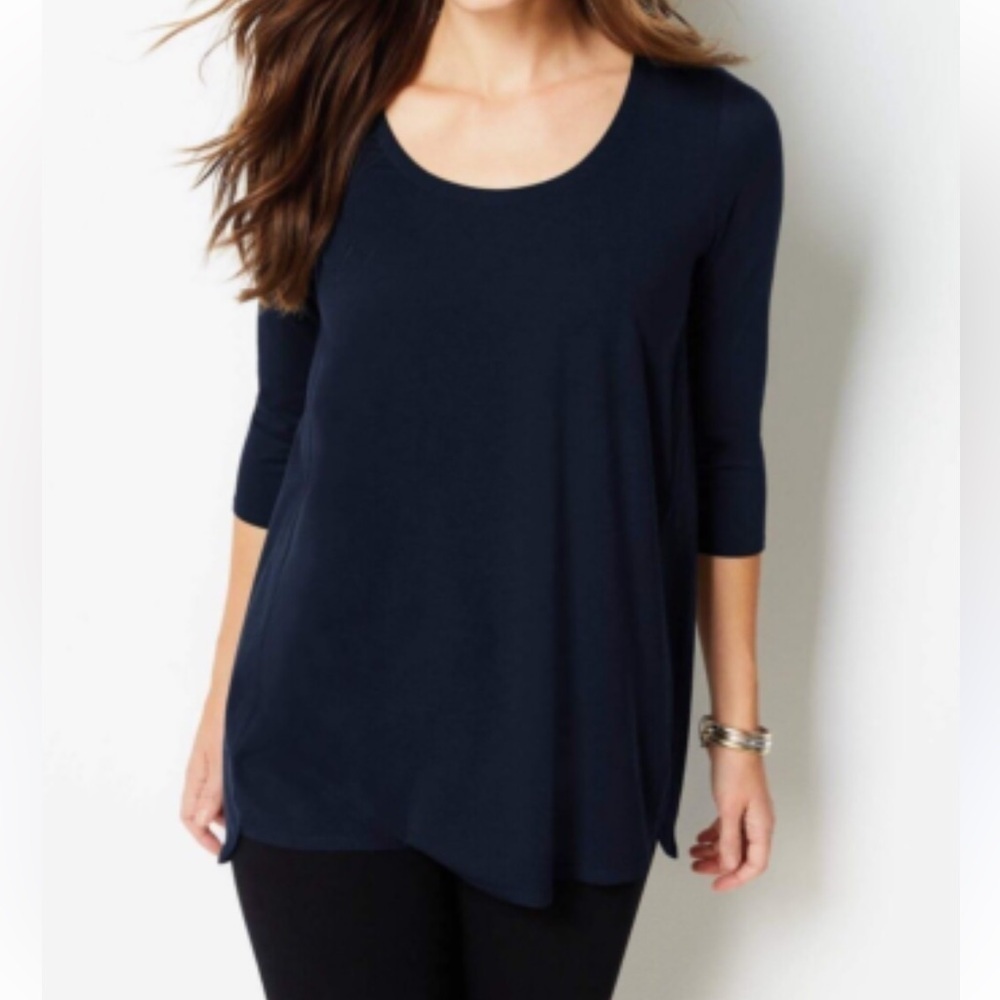 Cynthia Rowley Women's Size Small Tunic Blouse Navy Blue Mesh Scoop Neck 3/4 Slv